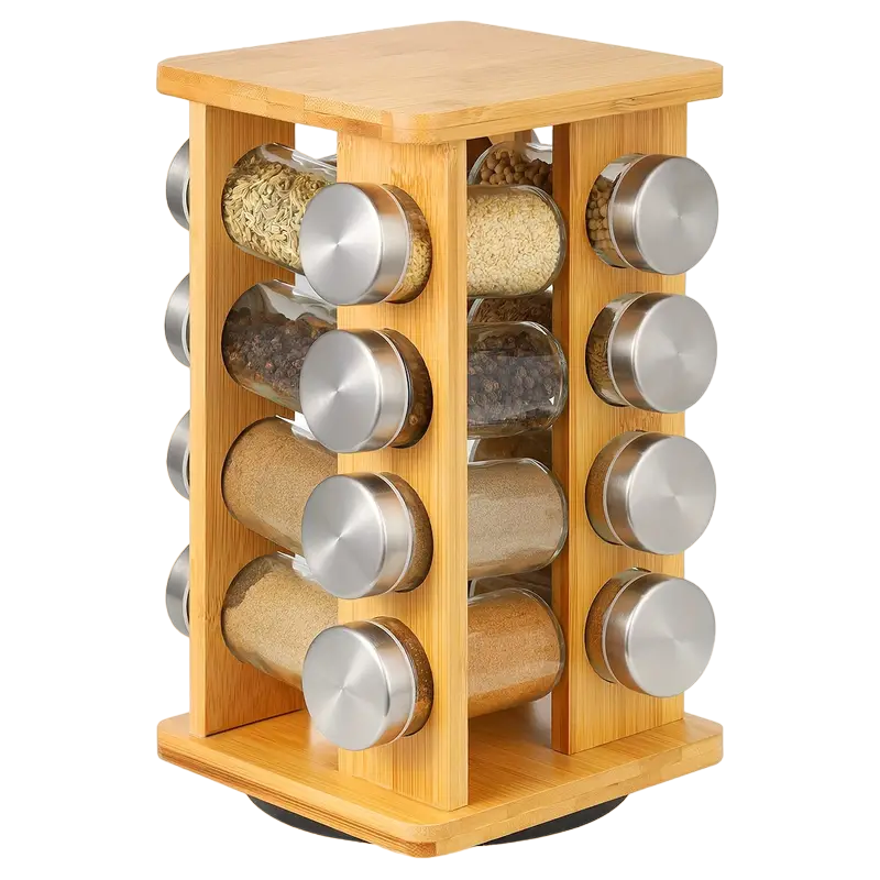Bamboo Revolving Spice Rack - 16-Jar Countertop Organizer for Kitchen Storage-0