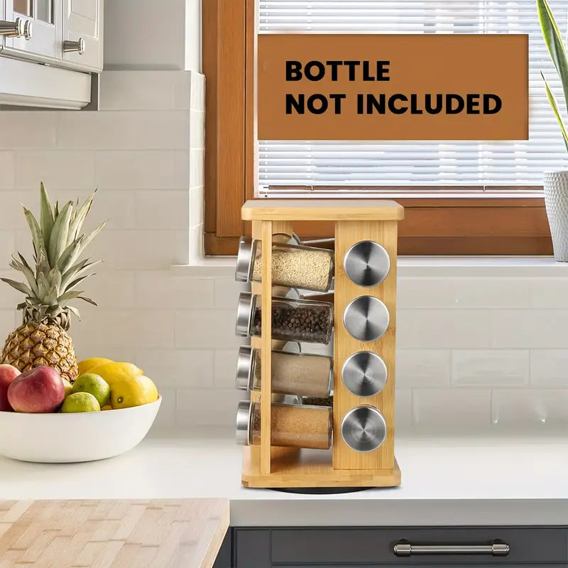 Bamboo Revolving Spice Rack - 16-Jar Countertop Organizer for Kitchen Storage-4