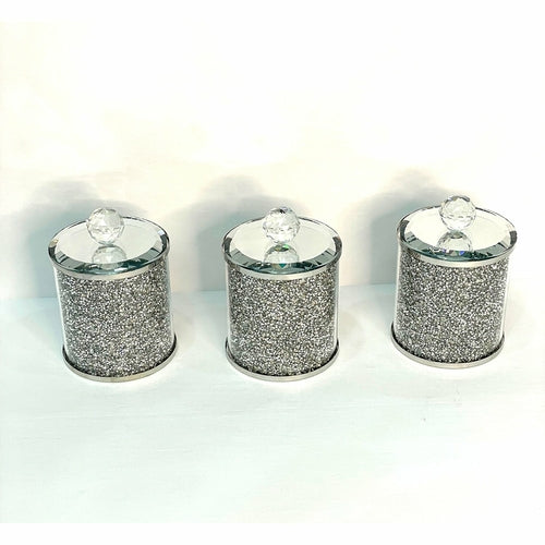 Set di tre barattoli in vetro con finitura in cristallo diamantato argentato