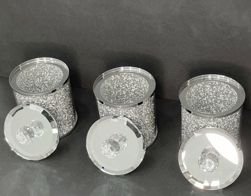 Set di tre barattoli in vetro con finitura in cristallo diamantato argentato