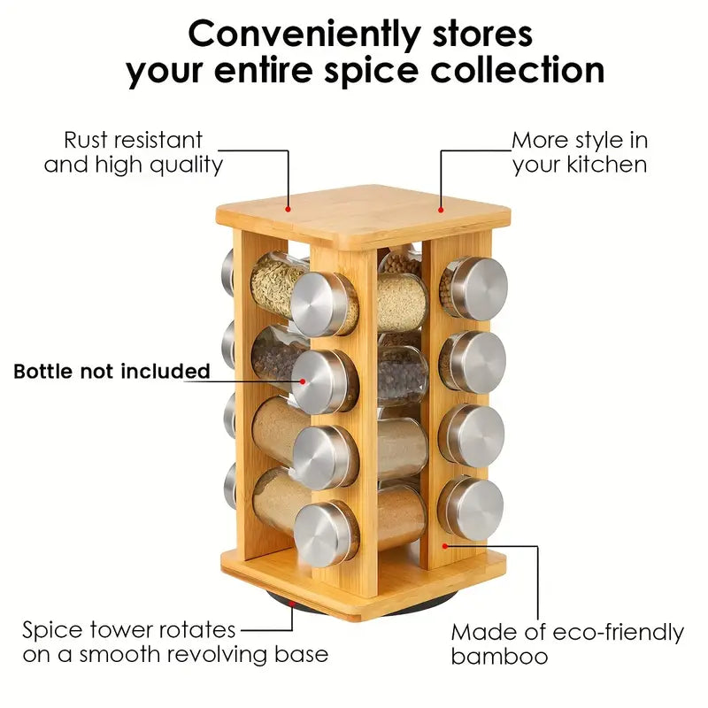 Bamboo Revolving Spice Rack - 16-Jar Countertop Organizer for Kitchen Storage-2